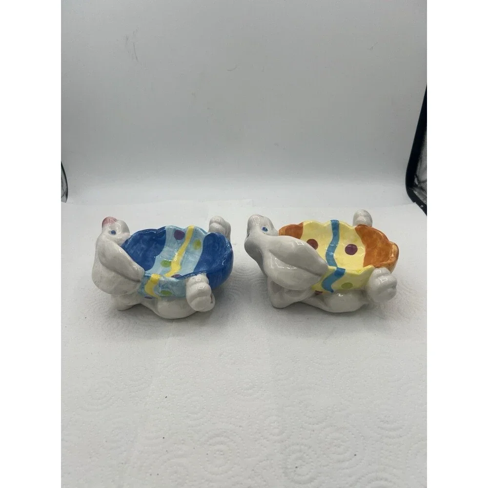 2 Colorful Easter Bunny White Rabbit Ceramic Soap Trinket Dish Tray Easter Egg